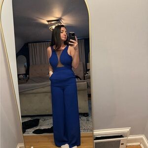Chic Blue Jumpsuit with Sheer Detail